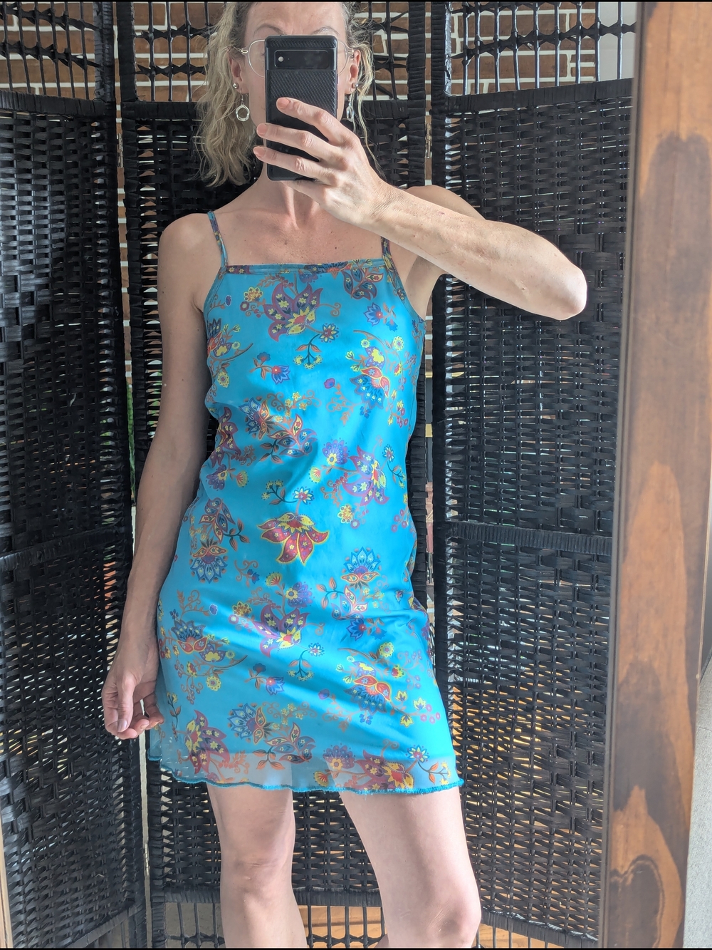 Sm-Med Vintage 90s Spaghetti Strap Mini Summer Dress, sky blue, flowers paisley